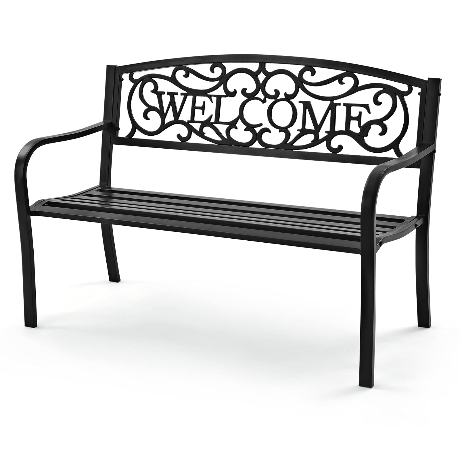 Outdoor Steel Garden Bench Park Bench, 50 Inch Patio Welcome Bench with Slated Seat & Floral Design Backrest
